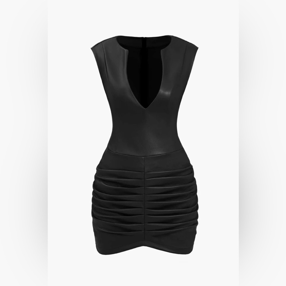 Ruched Faux Leather V-Neck Bodycon Mini Dress